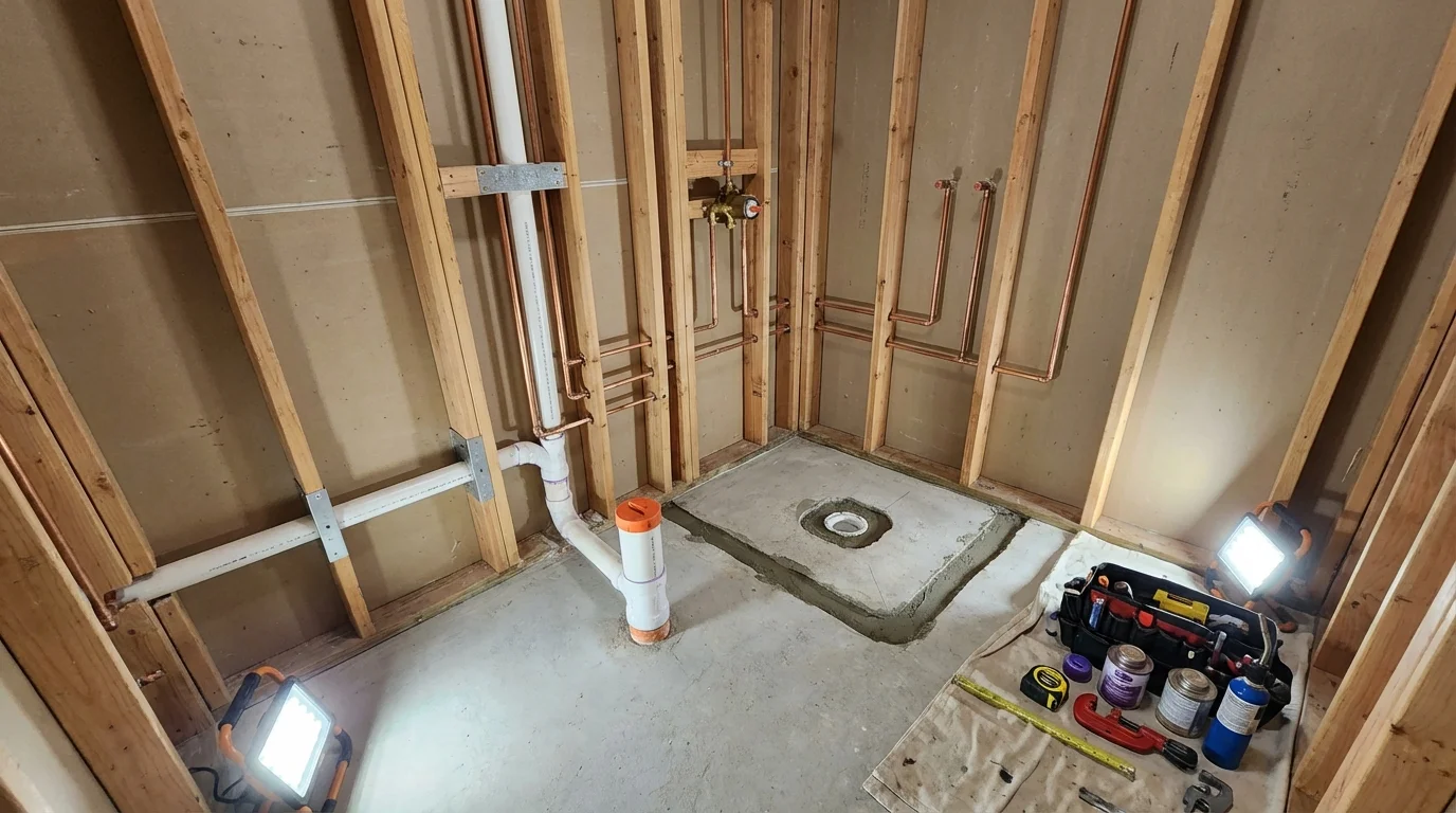Bathroom rough-in plumbing during remodel by Johns Plumbing LLC in Ironton