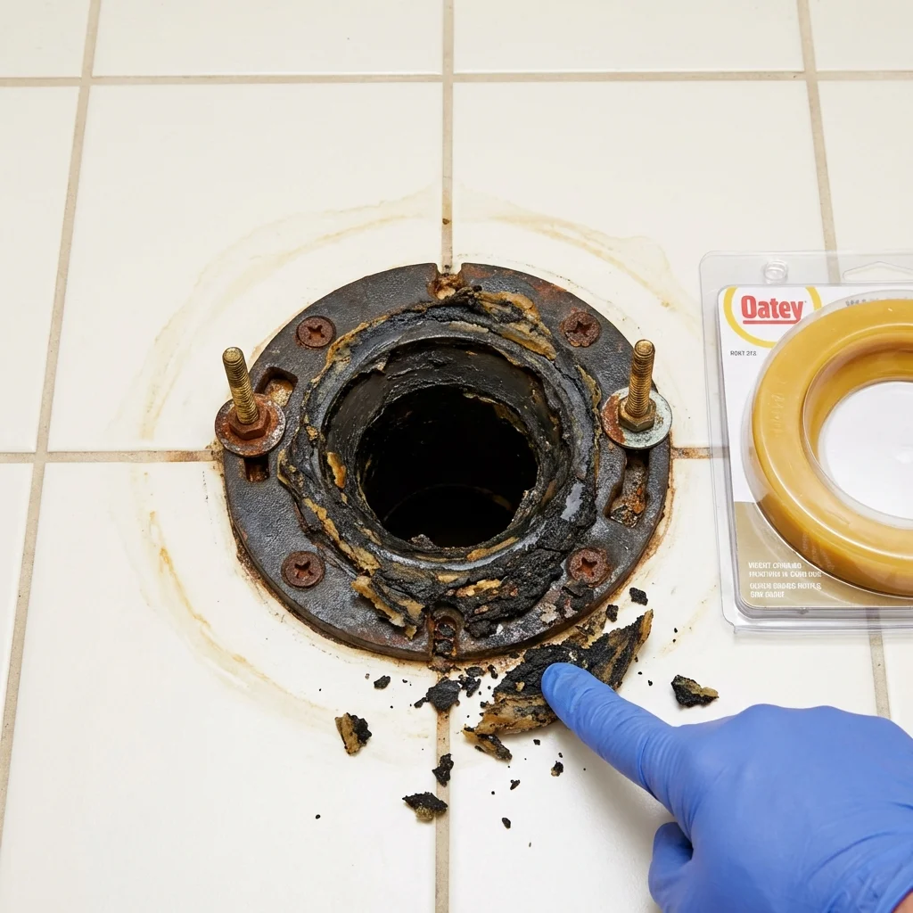 Failed wax ring showing water seepage at the base of a toilet in a Ironton, OH home