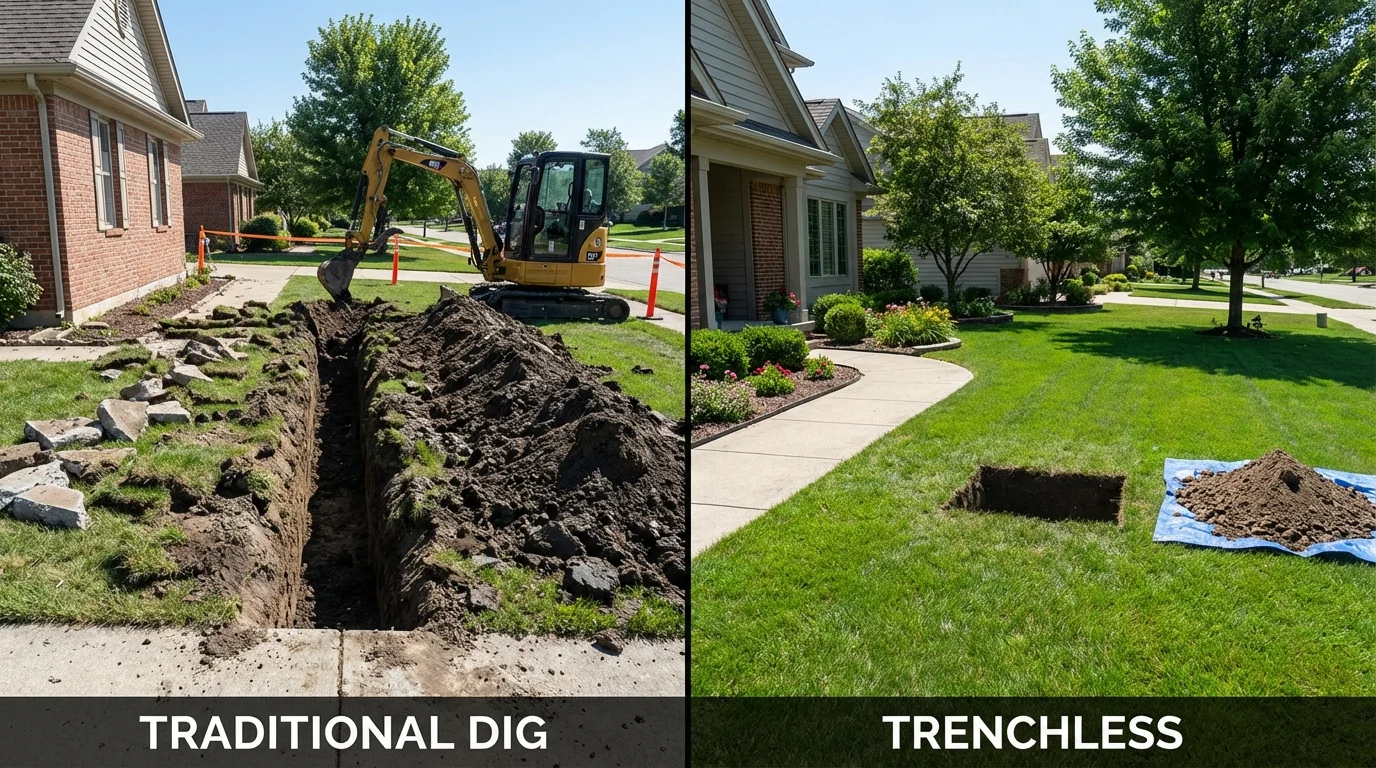 Trenchless sewer repair with minimal yard damage versus traditional excavation in Ironton, OH