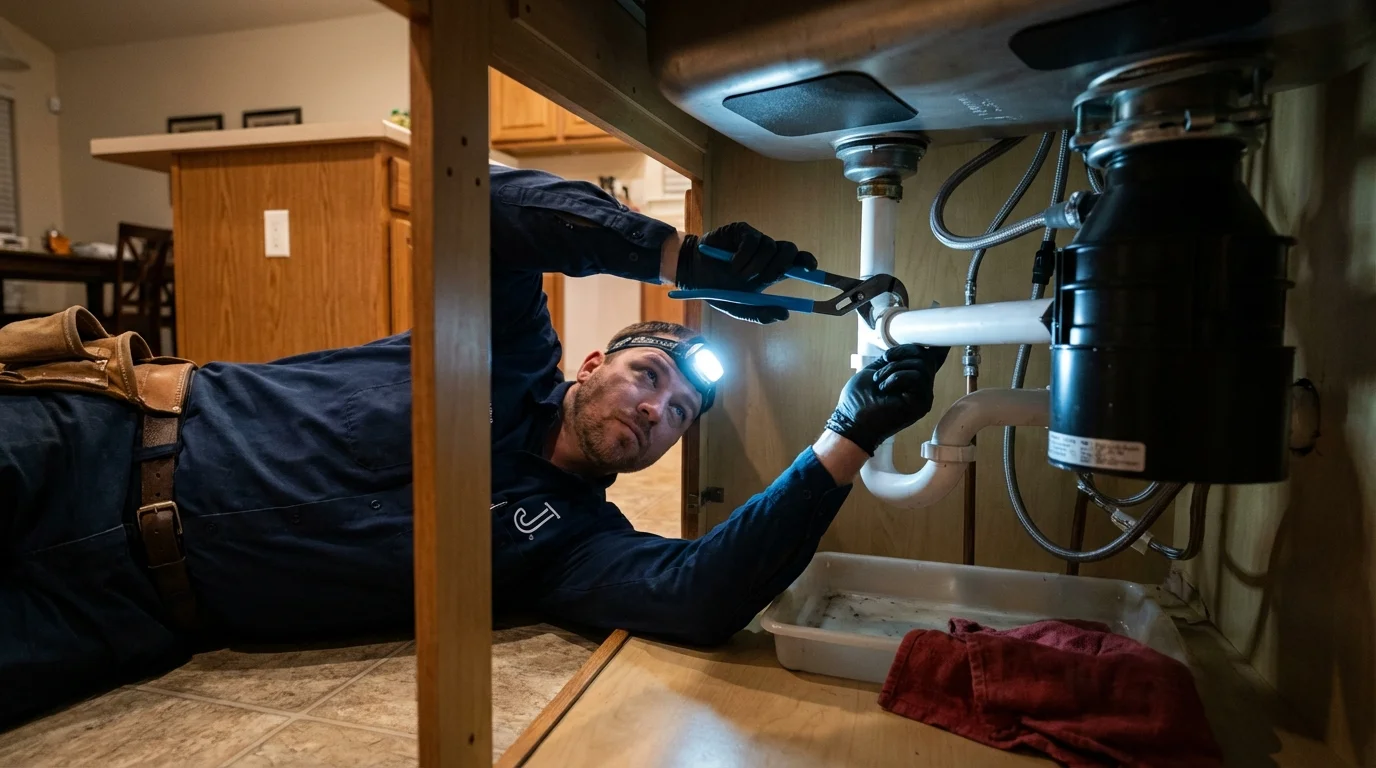 P-trap and supply line connections under a kitchen sink showing a common leak point in Ironton, OH
